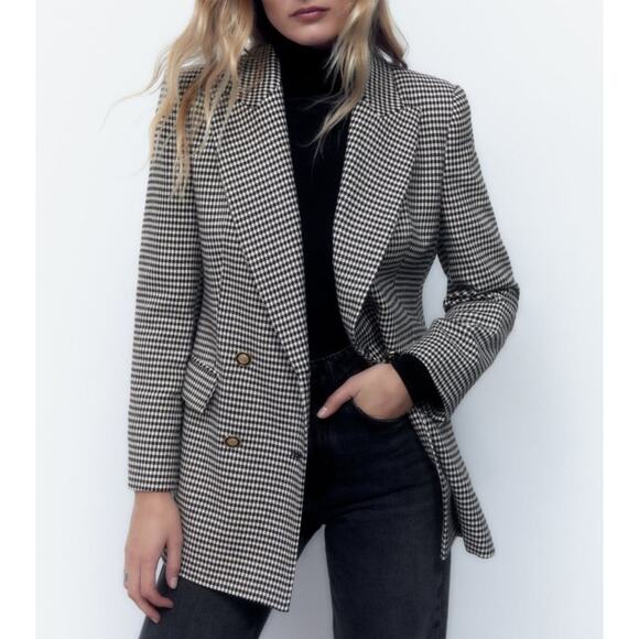 Zara Jackets & Blazers - Zara Houndstooth Double Breasted Blazer Jacket Collared Gold Button Tweed XS